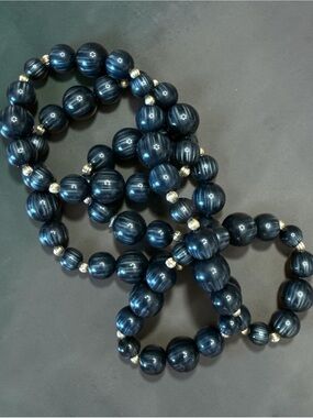 Handmade Black with Silver Striped Beaded Necklace with Gold Accent Beads
